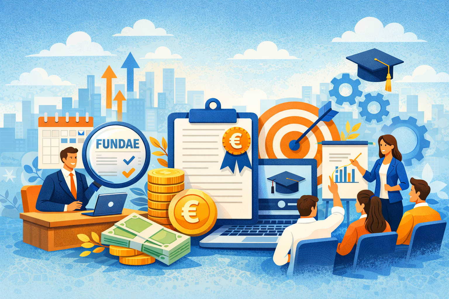 Ilustración sobre la gestión de créditos FUNDAE para la formación de empleados en empresas